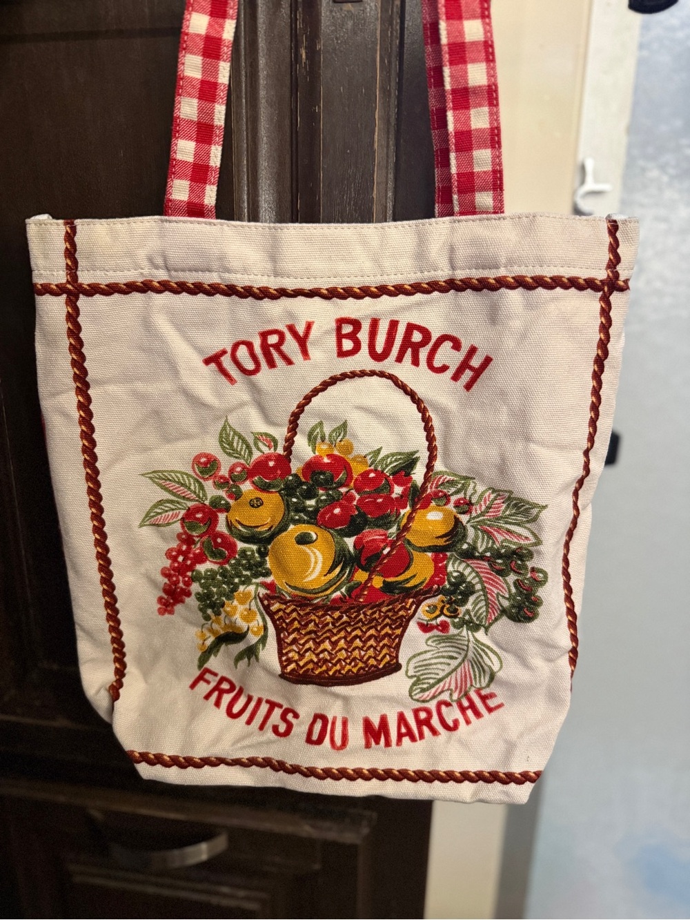 Tory Burch Cream Canvas Tote with Red Trim and Yellow, Green Fruit Print